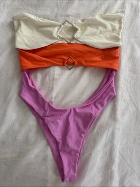 NEW Lovers + Friends Strapless Colorblock Swimsuit in Pink, Cream & Orange